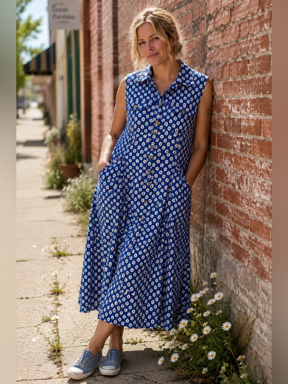 Sleeveless Blue Floral Midi Dress